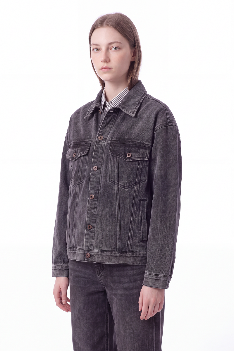 Women's Washed Black Grey Classic Denim Jacket