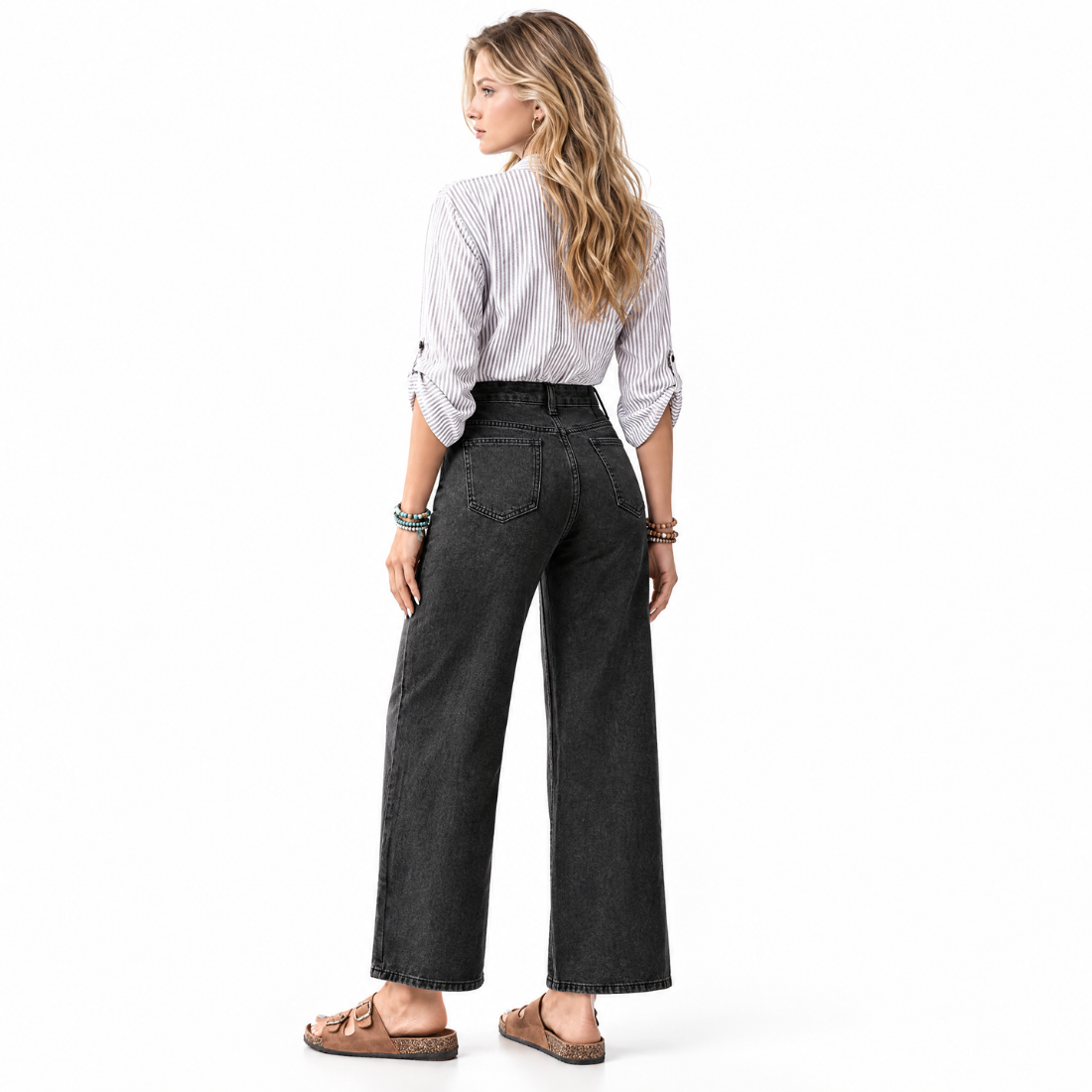 Women's Vintage Washed Black High Waist Wide Leg Jeans