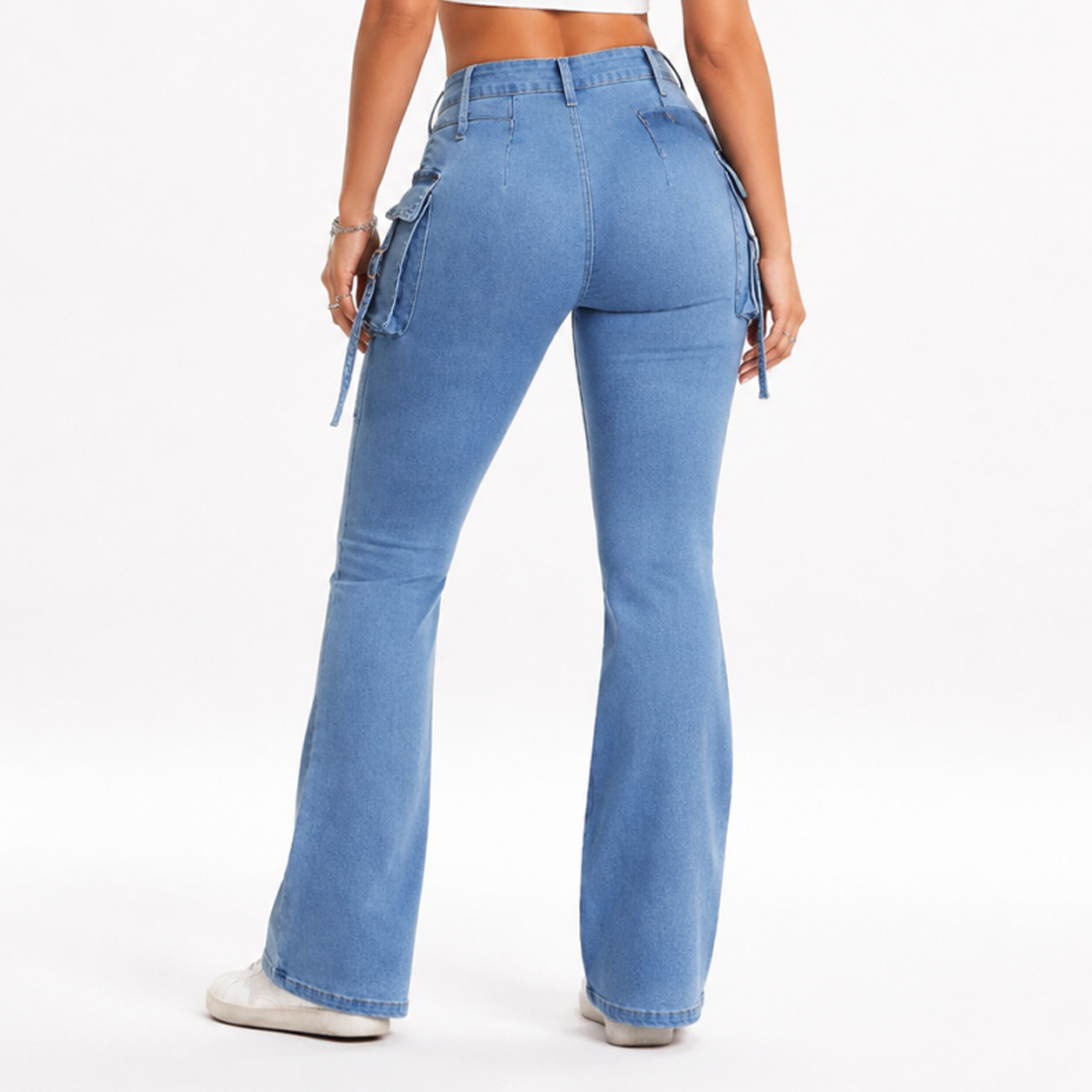 Women's High Waist Stretch Flare Cargo Jeans