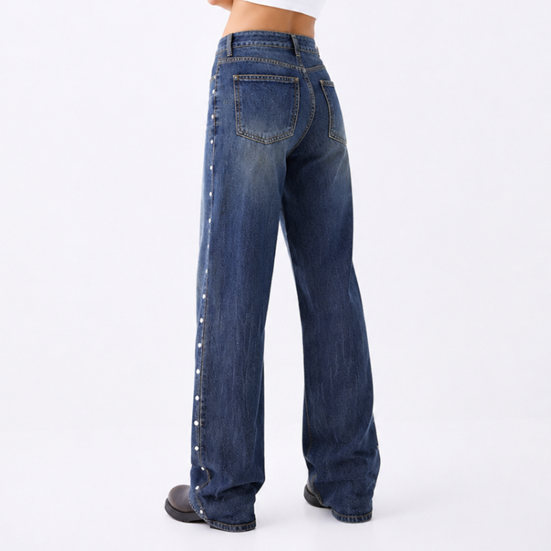 Women's High Waist Side Studded Wide Leg Jeans