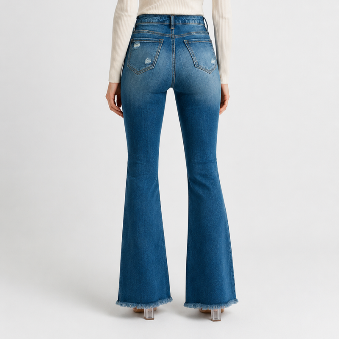 Women's Distressed Ripped Frayed Hem Stretch Flare Jeans