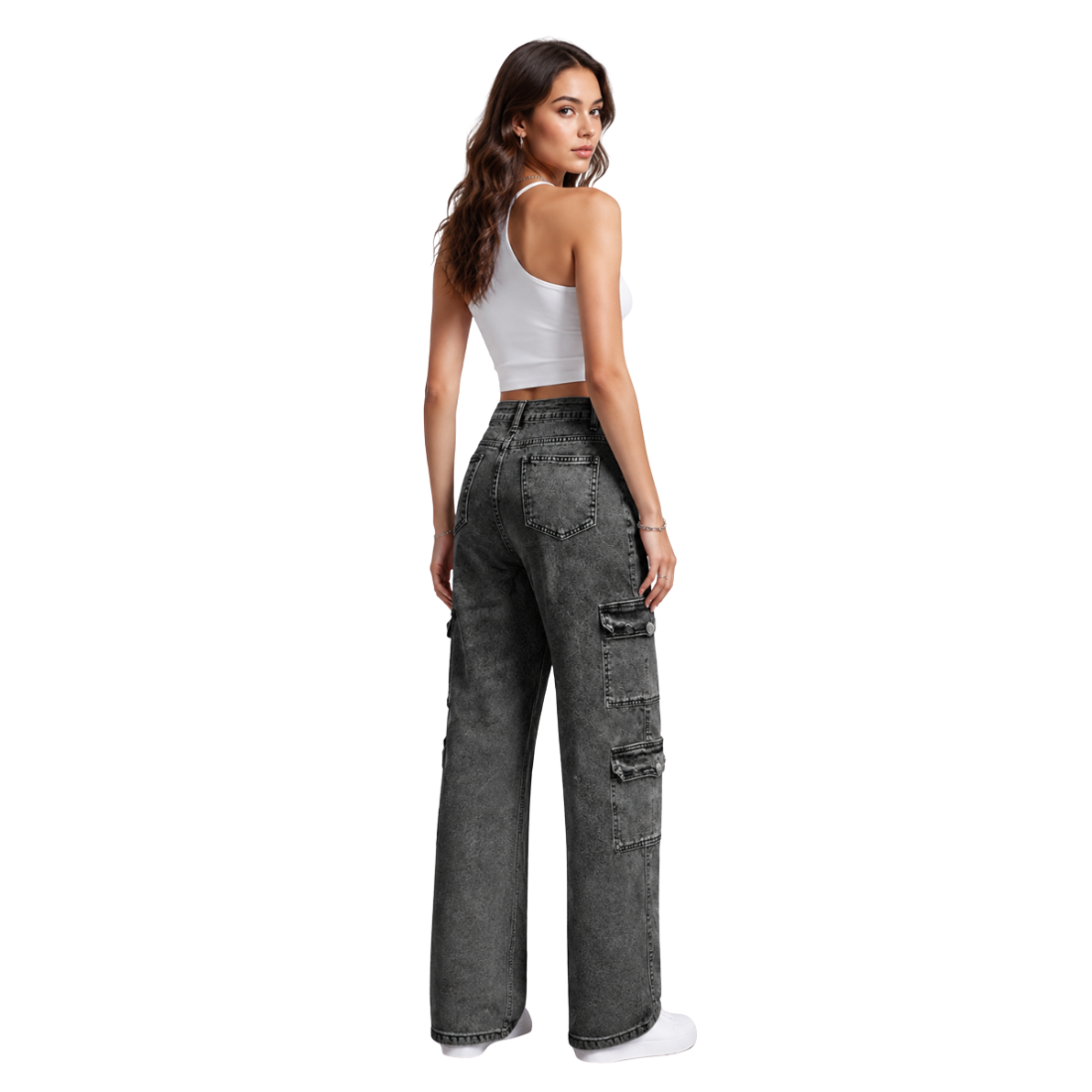 Women's High Waist Cargo Straight Jeans