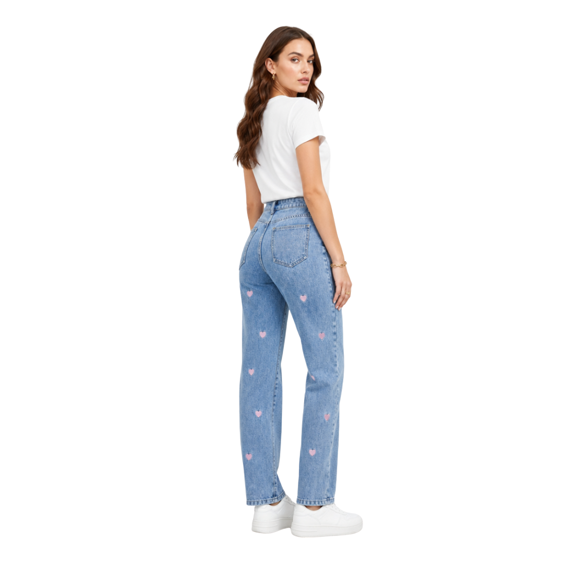 Women's Pink Heart Embroidered Straight Leg Jeans