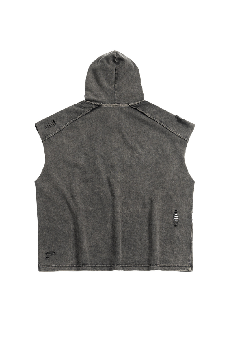 Unisex Summer Stone-Washed Distressed Raw-Edge Hooded Tank