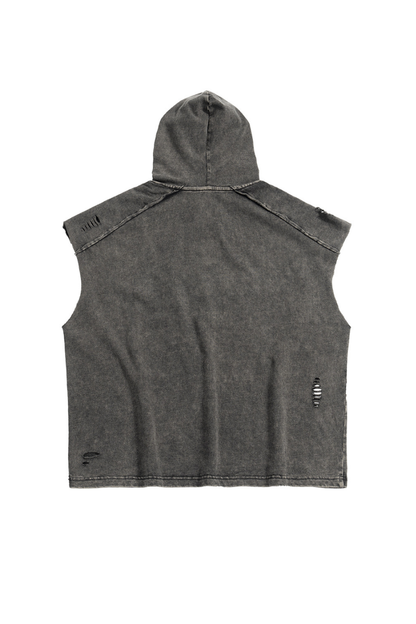 Unisex Summer Stone-Washed Distressed Raw-Edge Hooded Tank