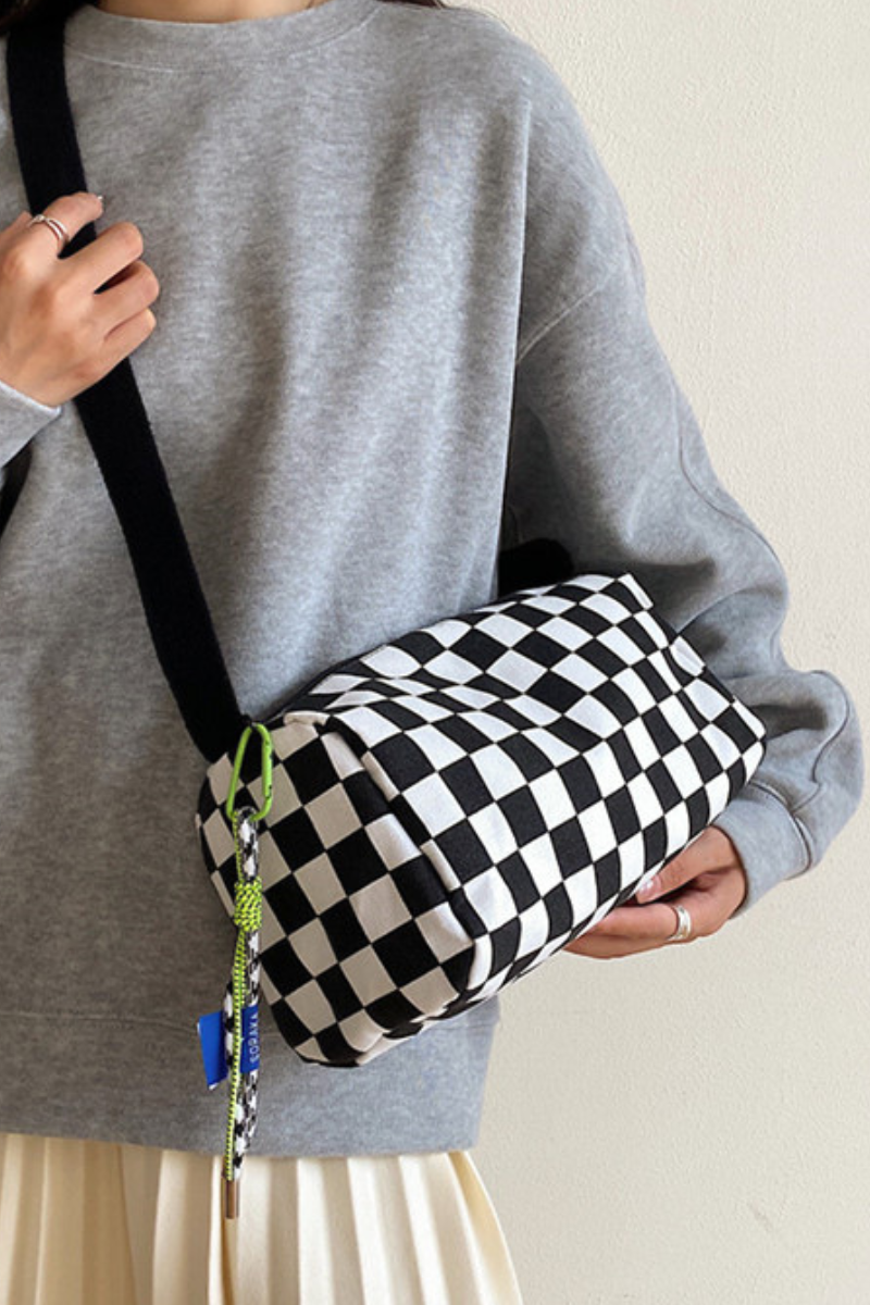 Women Fall Checkered Canvas Cylinder Crossbody Bag