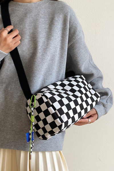 Women Fall Checkered Canvas Cylinder Crossbody Bag
