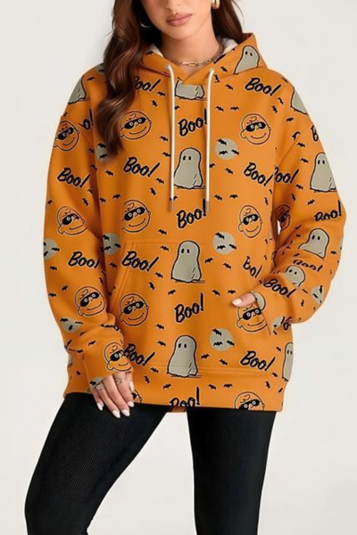 Women Fall Clothing Halloween Cat Ghost Pullover Hoodie