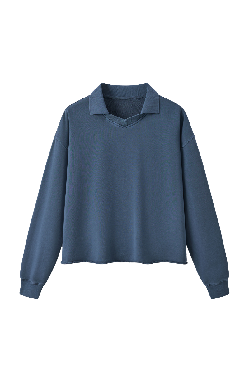 Men Fall Snow Wash Polo Collar Cropped Sweatshirt