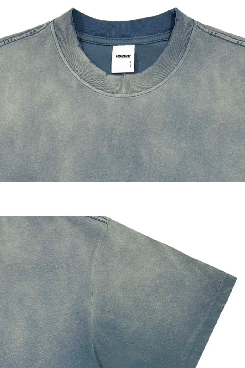 Men's 270g Cotton Spray Fade Mock Neck Washed Distressed Tee