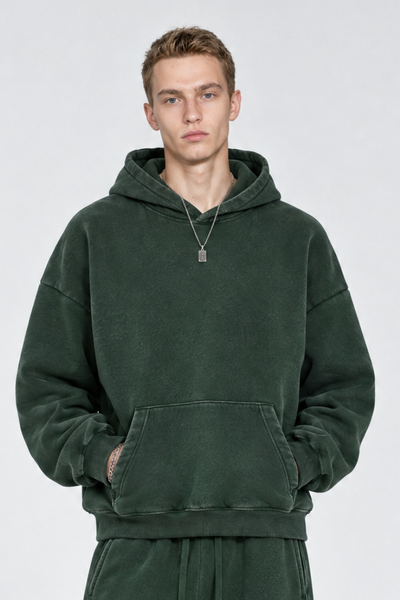 Men Fall Clothing Faded Wash Fleece Curved Sleeve Hoodie