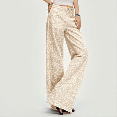 Women's Spring Pink Leopard Print Wide-Leg Denim Jeans