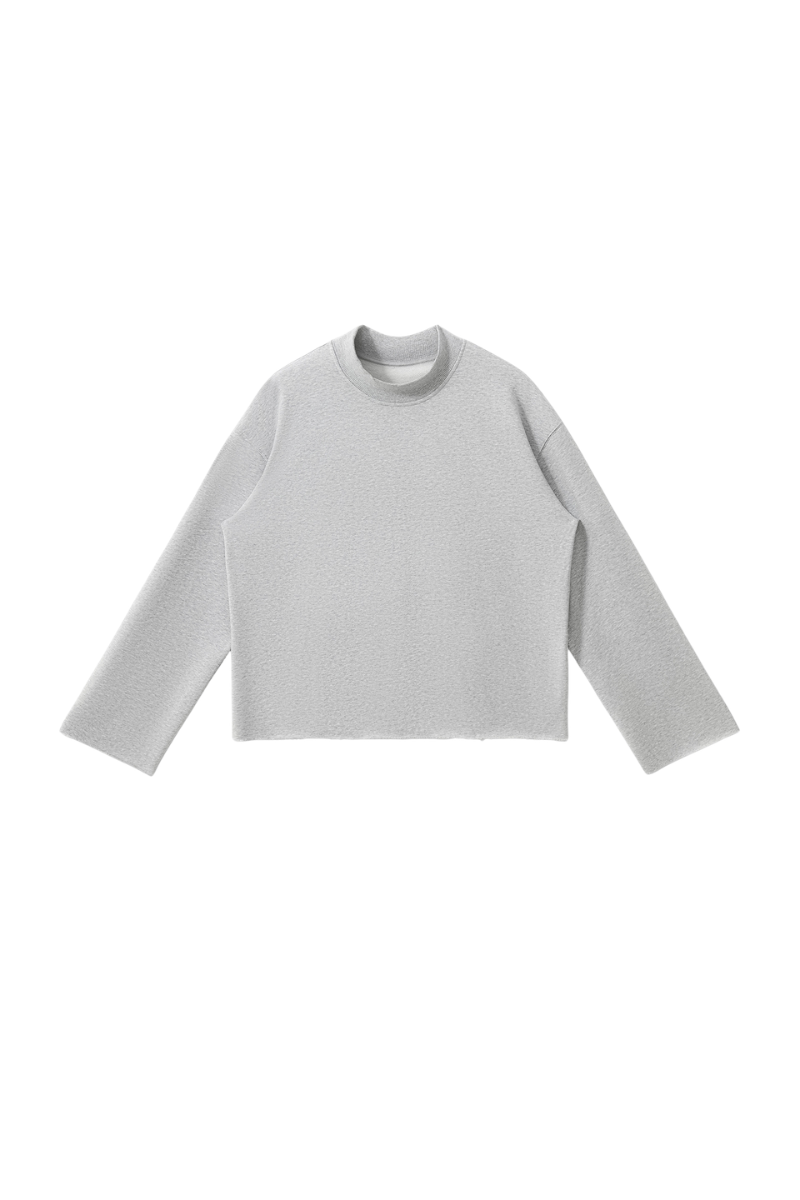 Women Fall Boxy Frayed Hem Mock Neck Long Sleeve Top
