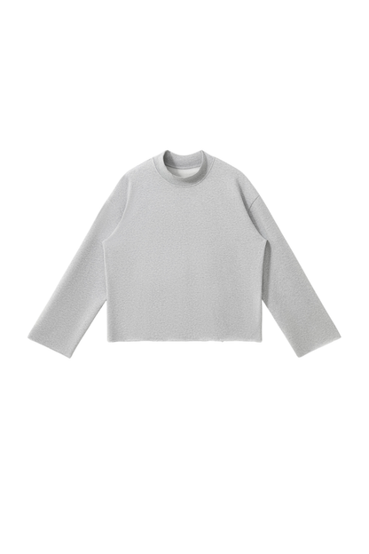 Women Fall Boxy Frayed Hem Mock Neck Long Sleeve Top