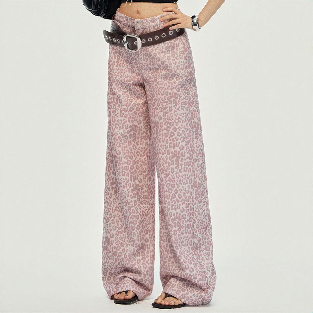 Women's Spring Pink Leopard Print Wide-Leg Denim Jeans