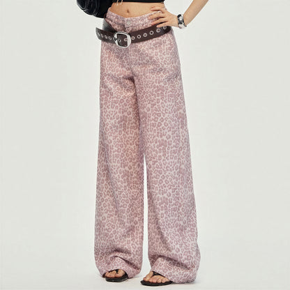 Women's Spring Pink Leopard Print Wide-Leg Denim Jeans