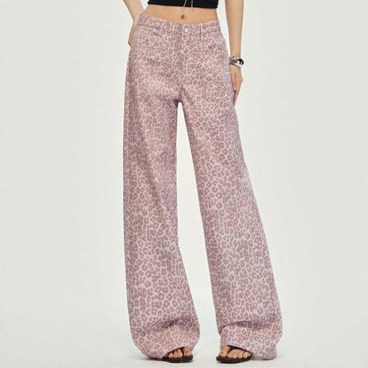 Women's Spring Pink Leopard Print Wide-Leg Denim Jeans
