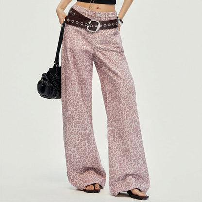 Women's Spring Pink Leopard Print Wide-Leg Denim Jeans