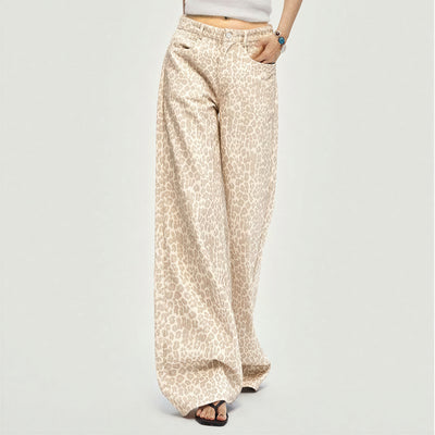 Women's Spring Pink Leopard Print Wide-Leg Denim Jeans