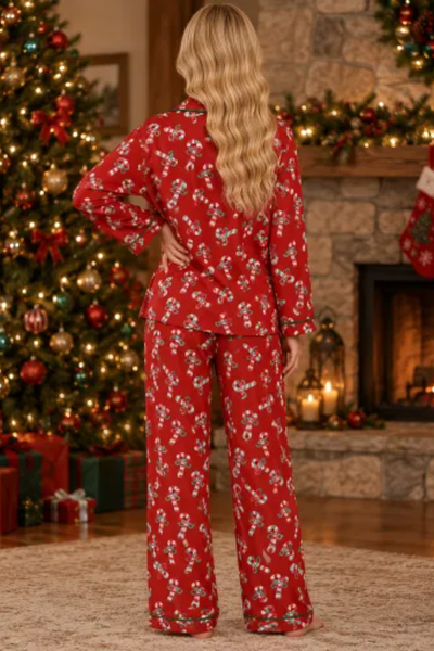 Women's Christmas Pattern Open Front Pajama Long Sleeve Set