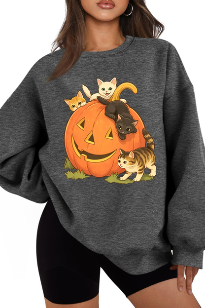 Women Fall Halloween Cat Pumpkin Oversized Sweatshirt