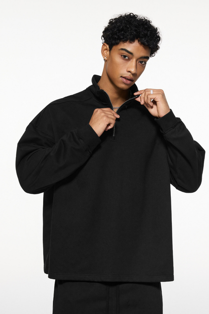 Men's Summer 450g Half Zip Raw Edge StandCollar Sweatshirt