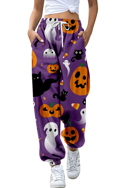 Women Fall Halloween Pumpkin Cat Print Jogger Pants