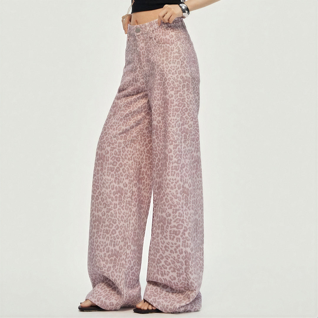 Women's Spring Pink Leopard Print Wide-Leg Denim Jeans