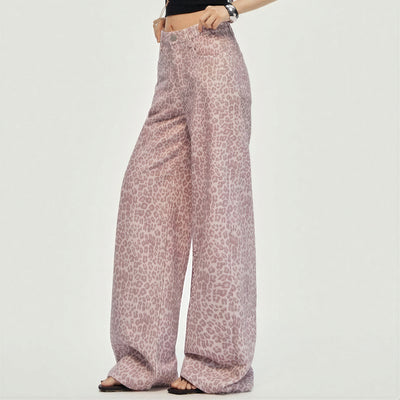 Women's Spring Pink Leopard Print Wide-Leg Denim Jeans
