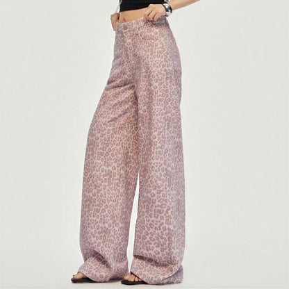 Women's Spring Pink Leopard Print Wide-Leg Denim Jeans