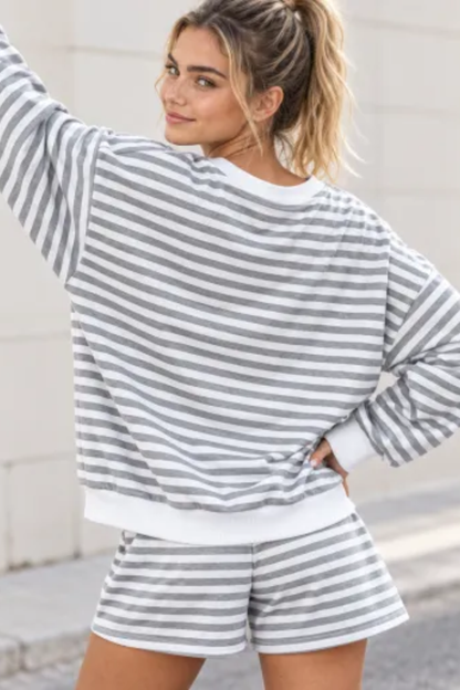 Women Spring Striped V Neck Lounge Top and Shorts Set