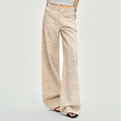 Women's Spring Pink Leopard Print Wide-Leg Denim Jeans