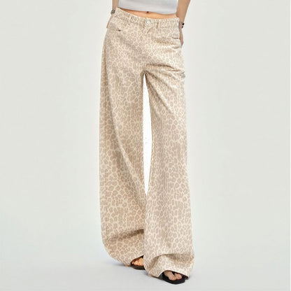 Women's Spring Pink Leopard Print Wide-Leg Denim Jeans