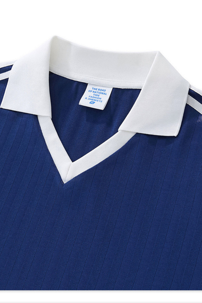 Color-blocked collegiate style V-neck short-sleeved top
