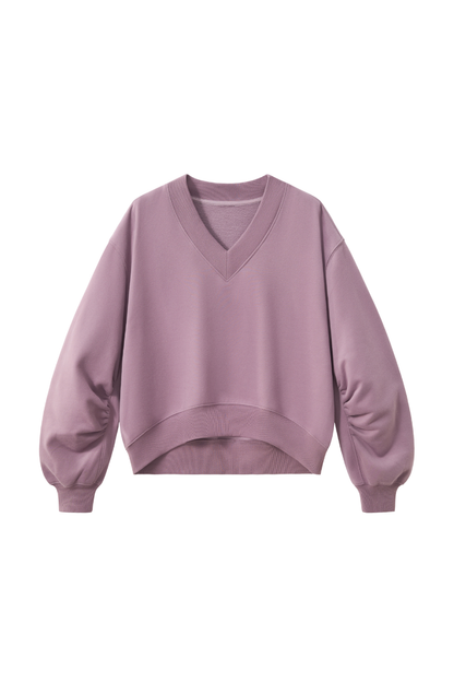 Women Fall V Neck Boxy Cropped Lantern Sleeve Sweatshirt