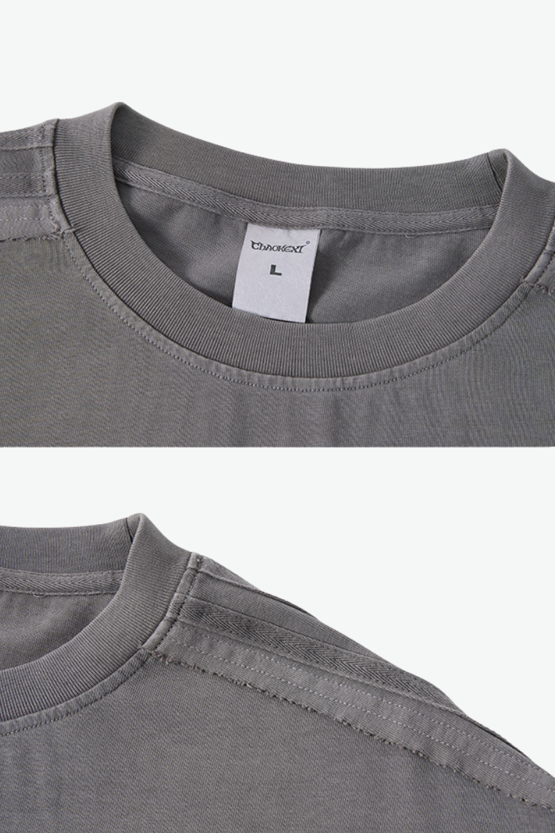 Unisex 275g Cotton Washed Raw Edge Patchwork Sports Tee