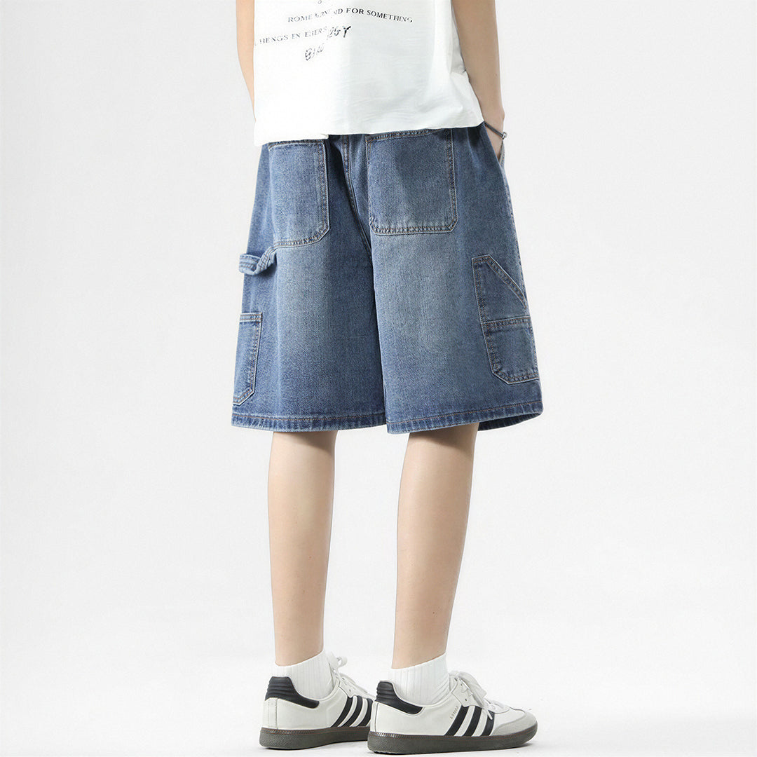 Men's Summer Dark Wash Carpenter Drawstring Denim Shorts