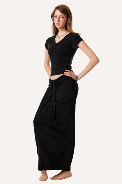 Women's Summer Retro Sexy Slim V-Neck Ski Tee & Skirt Set