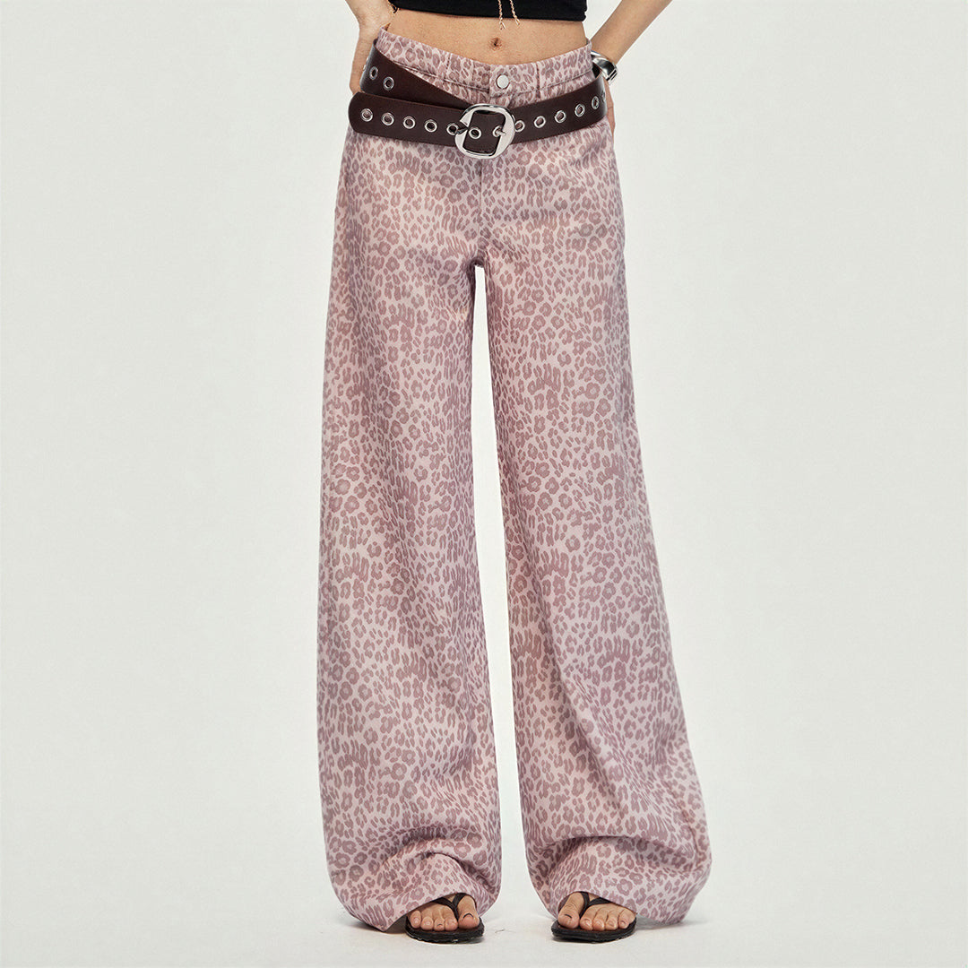 Women's Spring Pink Leopard Print Wide-Leg Denim Jeans