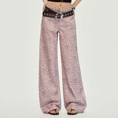 Women's Spring Pink Leopard Print Wide-Leg Denim Jeans