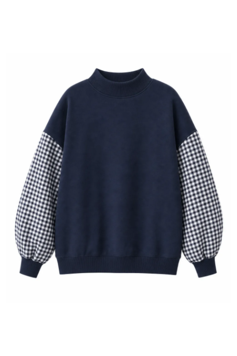 Women Fall Gingham Sleeve Mock Neck Oversized Sweatshirt