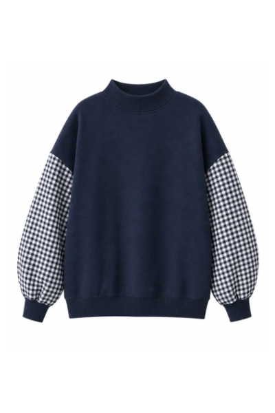 Women Fall Gingham Sleeve Mock Neck Oversized Sweatshirt