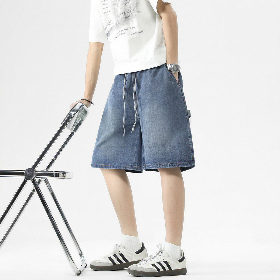 Men's Summer Dark Wash Carpenter Drawstring Denim Shorts