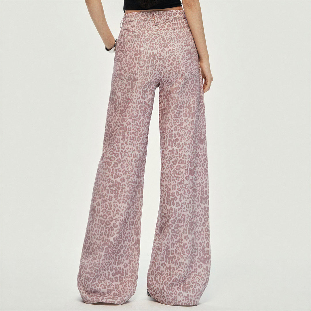 Women's Spring Pink Leopard Print Wide-Leg Denim Jeans
