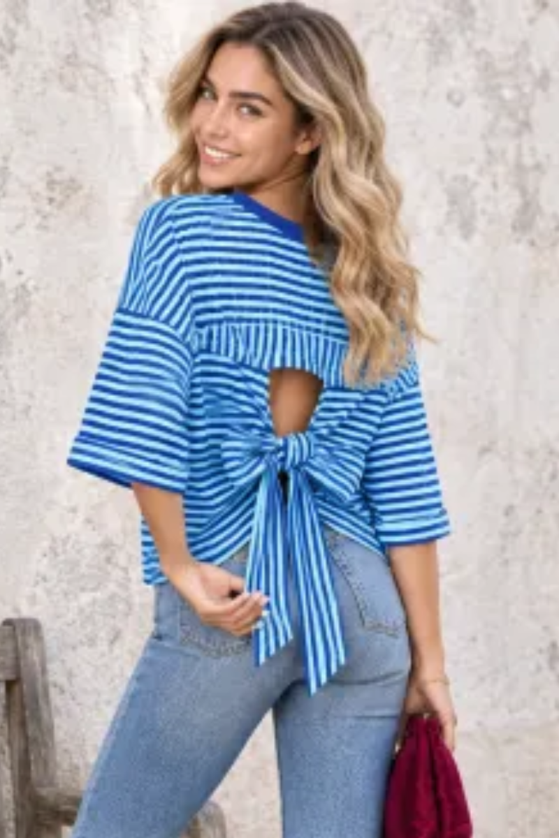 Women Spring/Summer Striped Back Tie Relaxed Blouse