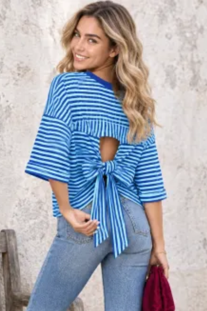 Women Spring/Summer Striped Back Tie Relaxed Blouse