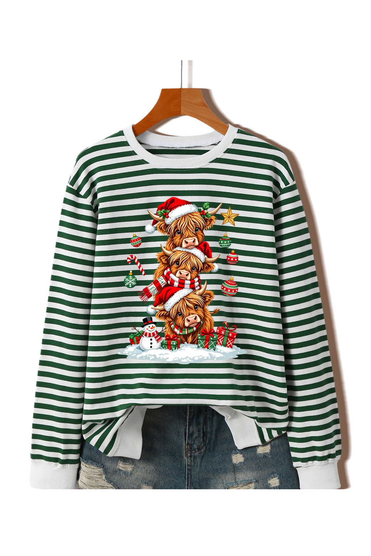 Women's Fall Christmas Cow Graphic Striped Crew Sweatshirt