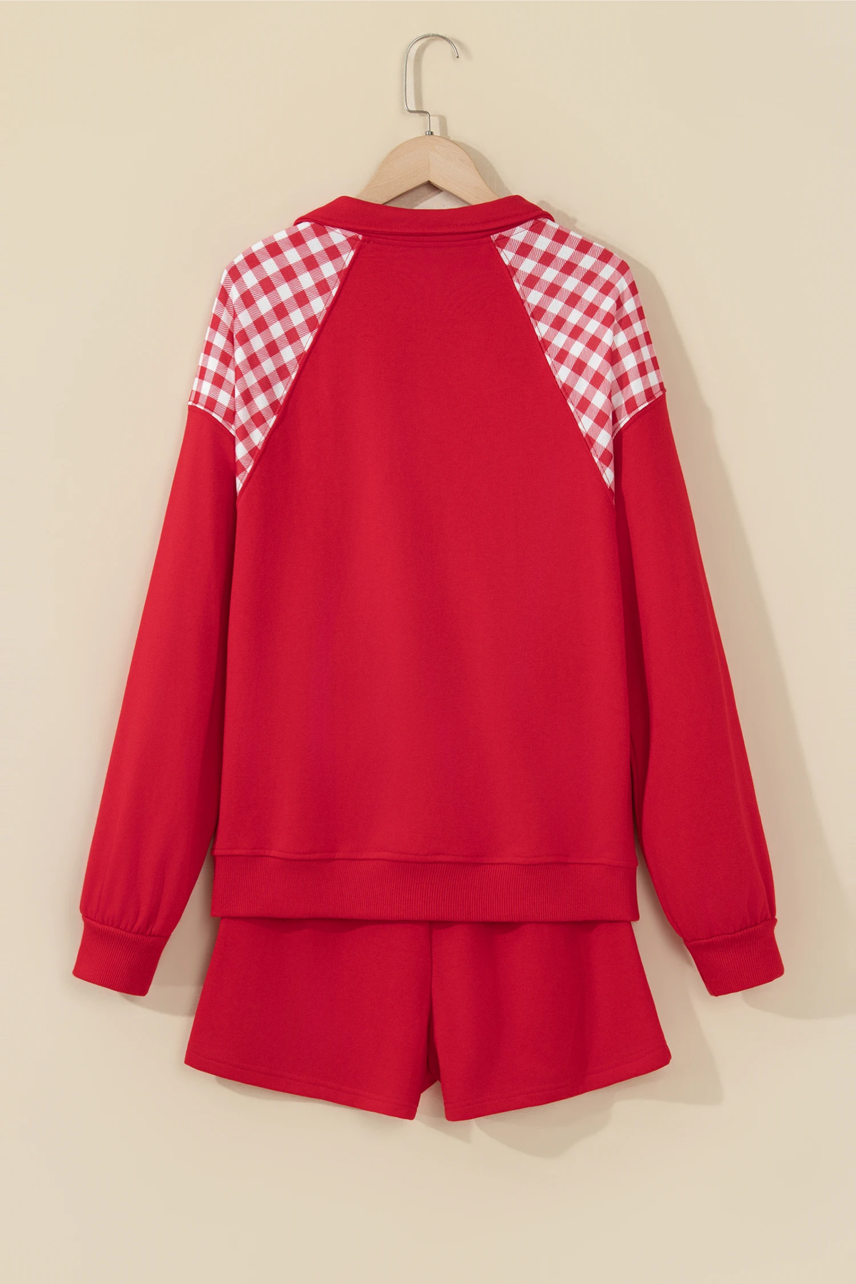 Women Winter Christmas Gingham Half Zip Top Shorts Set