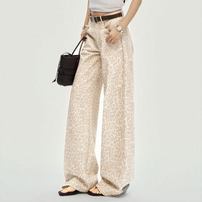 Women's Spring Pink Leopard Print Wide-Leg Denim Jeans
