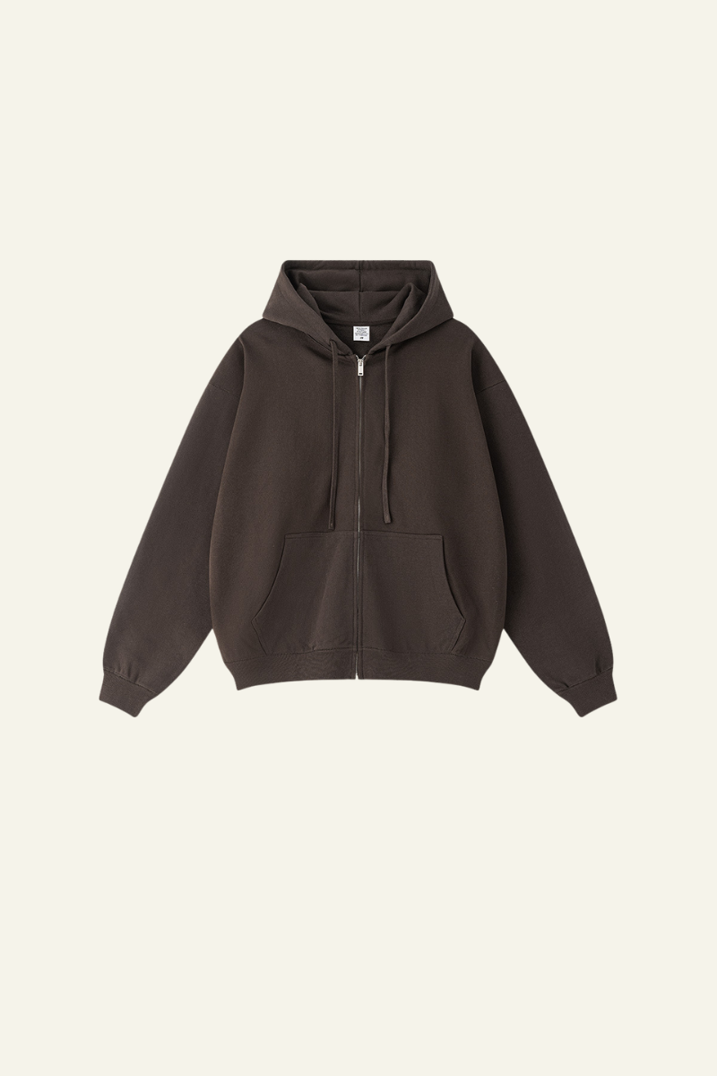 Pure color terry cloth hooded zip-up sweatshirt.